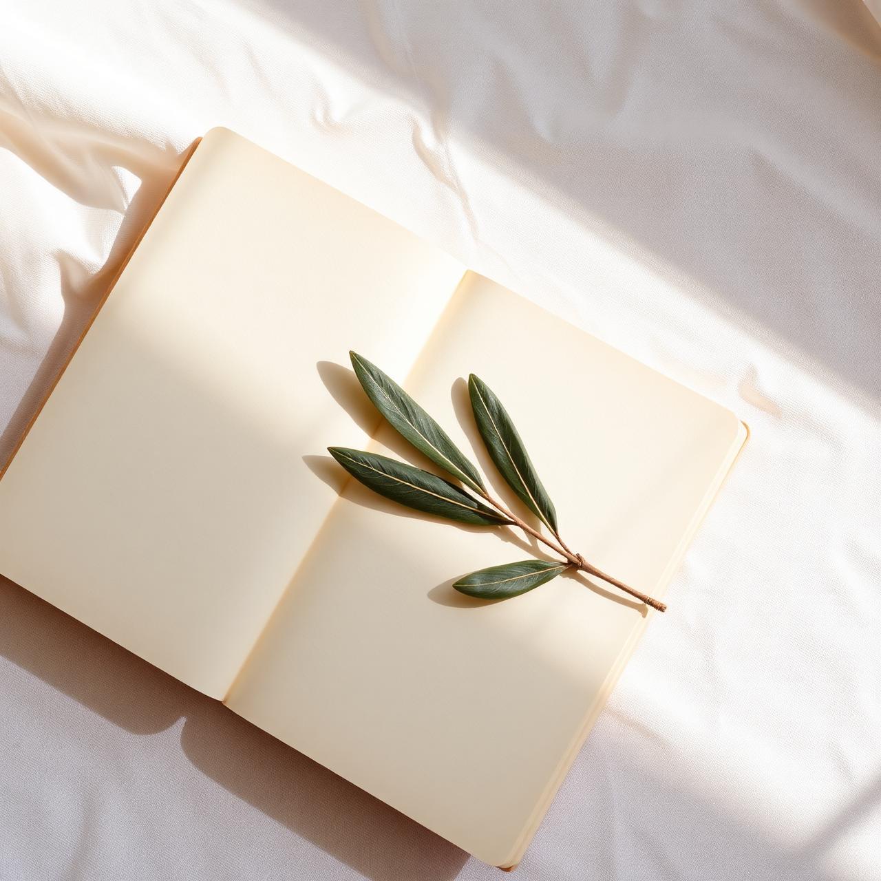 Open notebook with olive sprig in soft daylight